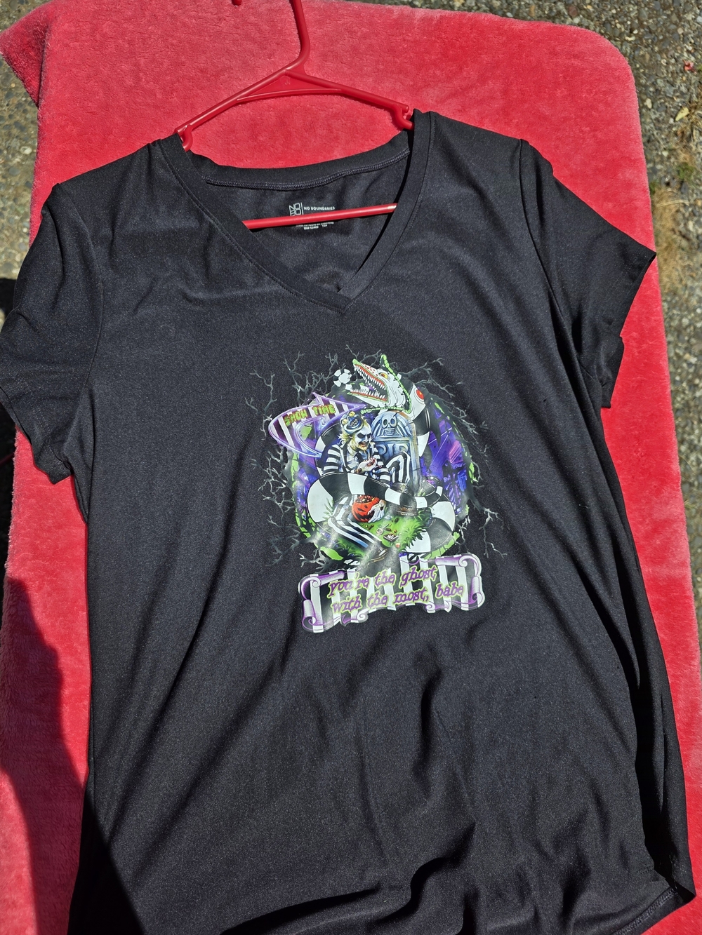 No Boundaries Black V-Neck Graphic Tee with Purple & Green Print